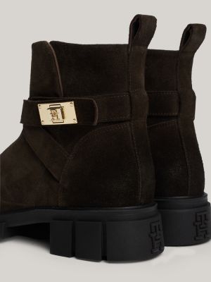 black th monogram brushed suede biker boots for women tommy hilfiger