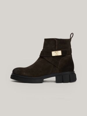 black th monogram brushed suede biker boots for women tommy hilfiger