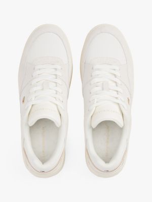 beige mixed texture basketball trainers for women tommy hilfiger