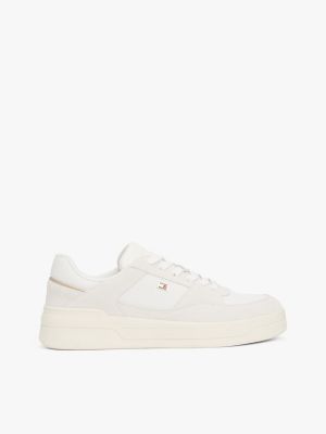 beige mixed texture basketball trainers for women tommy hilfiger