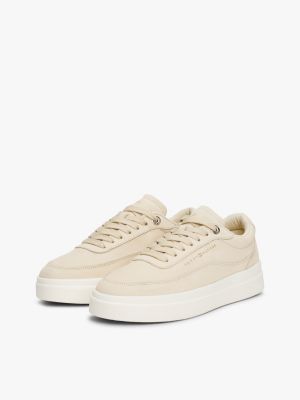 beige leather metallic logo court trainers for women tommy hilfiger