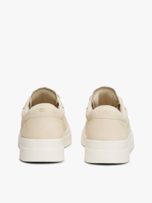 beige leather metallic logo court trainers for women tommy hilfiger