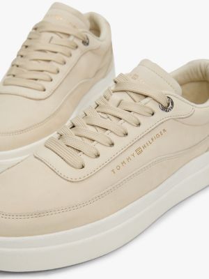 beige leather metallic logo court trainers for women tommy hilfiger