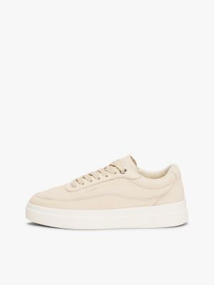 beige leather metallic logo court trainers for women tommy hilfiger