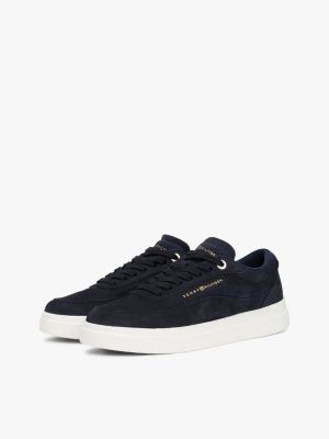 niebieski skórzane buty sportowe z metalowym logo dla kobiety - tommy hilfiger