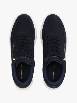 niebieski skórzane buty sportowe z metalowym logo dla kobiety - tommy hilfiger