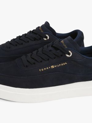 niebieski skórzane buty sportowe z metalowym logo dla kobiety - tommy hilfiger