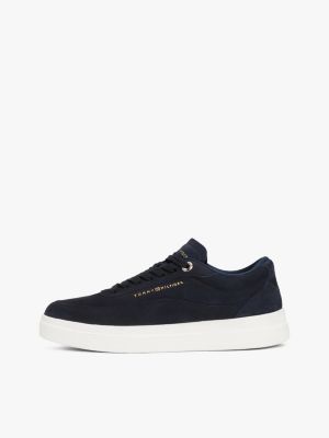 blue leather metallic logo court trainers for women tommy hilfiger