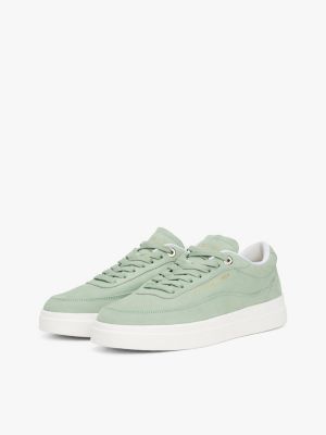 green leather metallic logo court trainers for women tommy hilfiger