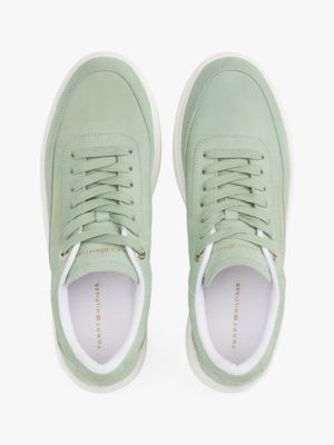 green leather metallic logo court trainers for women tommy hilfiger