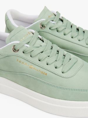 green leather metallic logo court trainers for women tommy hilfiger