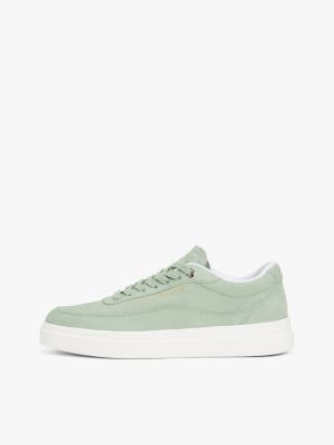 green leather metallic logo court trainers for women tommy hilfiger