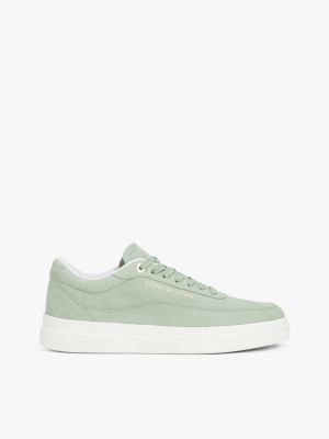 green leather metallic logo court trainers for women tommy hilfiger