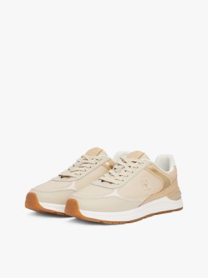 beige leather mixed texture trainers for women tommy hilfiger