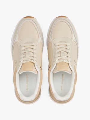 beige leder-sneaker mit strukturmix für damen - tommy hilfiger