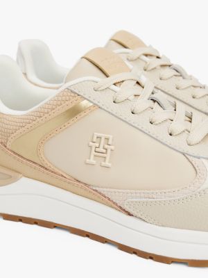 beige leather mixed texture trainers for women tommy hilfiger