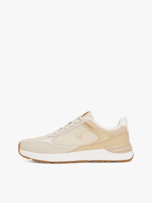 beige leather mixed texture trainers for women tommy hilfiger