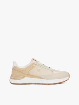 beige leather mixed texture trainers for women tommy hilfiger