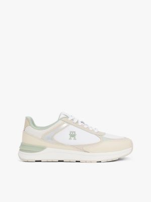 white leren sneaker met gemengde texturen voor dames - tommy hilfiger