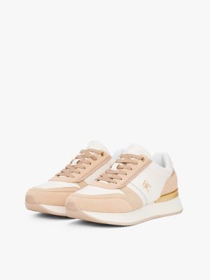 beige leather textured panel metallic trainers for women tommy hilfiger