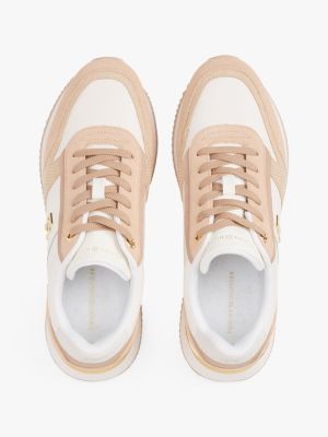 white leather textured panel metallic trainers for women tommy hilfiger