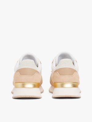 beige leder-sneaker mit metallic-detail für damen - tommy hilfiger