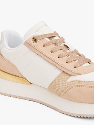 beige leder-sneaker mit metallic-detail für damen - tommy hilfiger