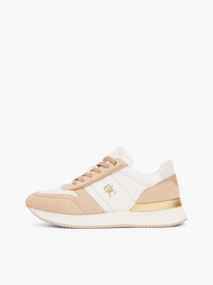 beige leder-sneaker mit metallic-detail für damen - tommy hilfiger