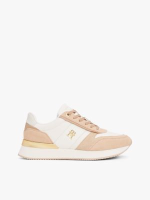 beige leather textured panel metallic trainers for women tommy hilfiger