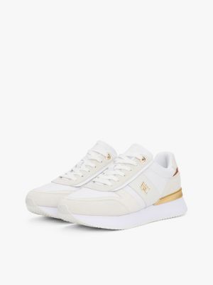 white leather textured panel metallic trainers for women tommy hilfiger