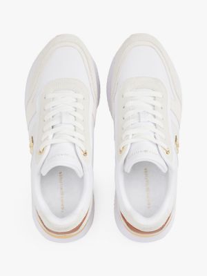 white leather textured panel metallic trainers for women tommy hilfiger