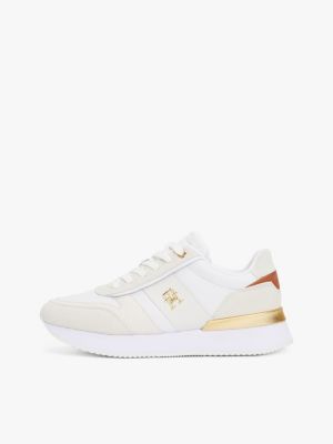 white leather textured panel metallic trainers for women tommy hilfiger