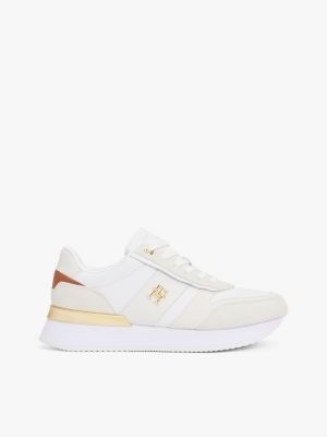 white leather textured panel metallic trainers for women tommy hilfiger