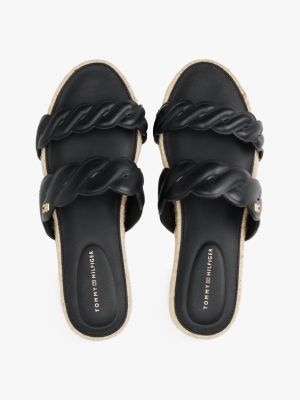 schwarz leder-espadrille-pantolette mit prägung für damen - tommy hilfiger