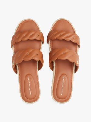 brown leather embossed espadrille mules for women tommy hilfiger