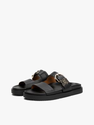 black leather th monogram cleat sandals for women tommy hilfiger