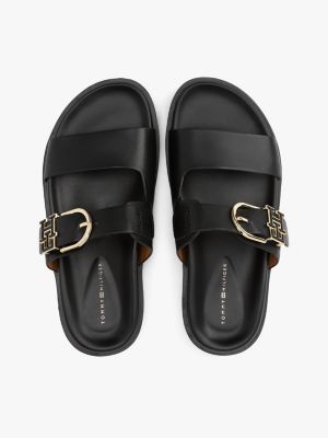 black leather th monogram cleat sandals for women tommy hilfiger