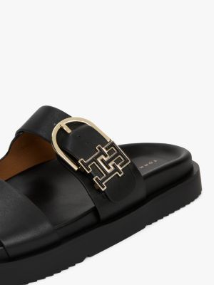 black leather th monogram cleat sandals for women tommy hilfiger