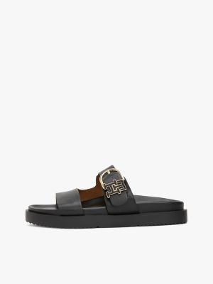 black leather th monogram cleat sandals for women tommy hilfiger