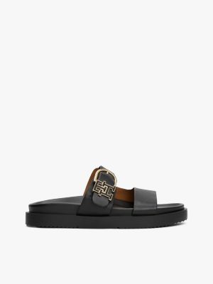 black leren sandaal met profielzool en th-monogram voor dames - tommy hilfiger