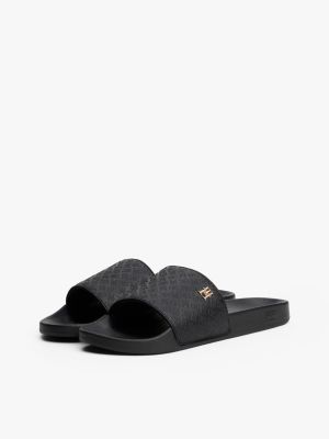 black embossed th monogram pool slides for women tommy hilfiger