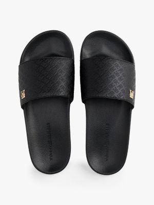 black embossed th monogram pool slides for women tommy hilfiger