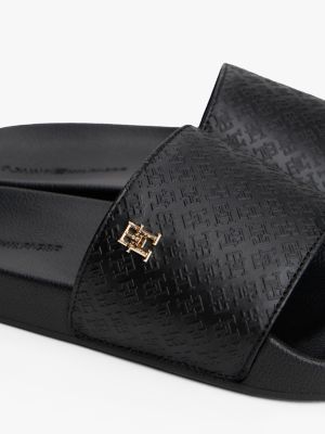 black embossed th monogram pool slides for women tommy hilfiger