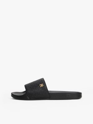 black embossed th monogram pool slides for women tommy hilfiger