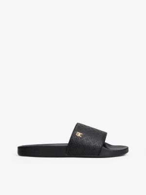 black embossed th monogram pool slides for women tommy hilfiger