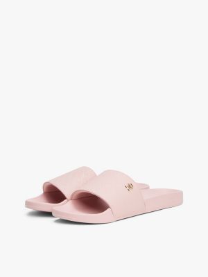 pink embossed th monogram pool slides for women tommy hilfiger