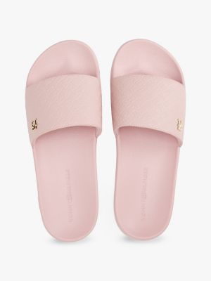 pink embossed th monogram pool slides for women tommy hilfiger