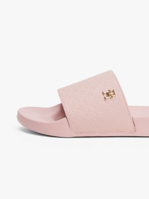 pink embossed th monogram pool slides for women tommy hilfiger