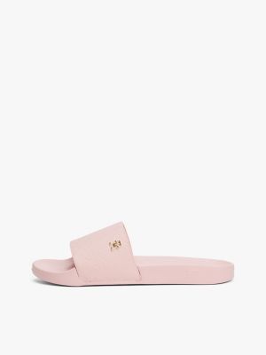 pink embossed th monogram pool slides for women tommy hilfiger