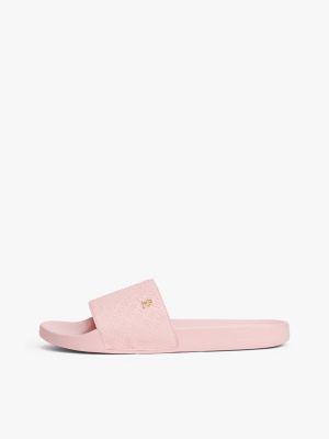 pink embossed th monogram pool slides for women tommy hilfiger